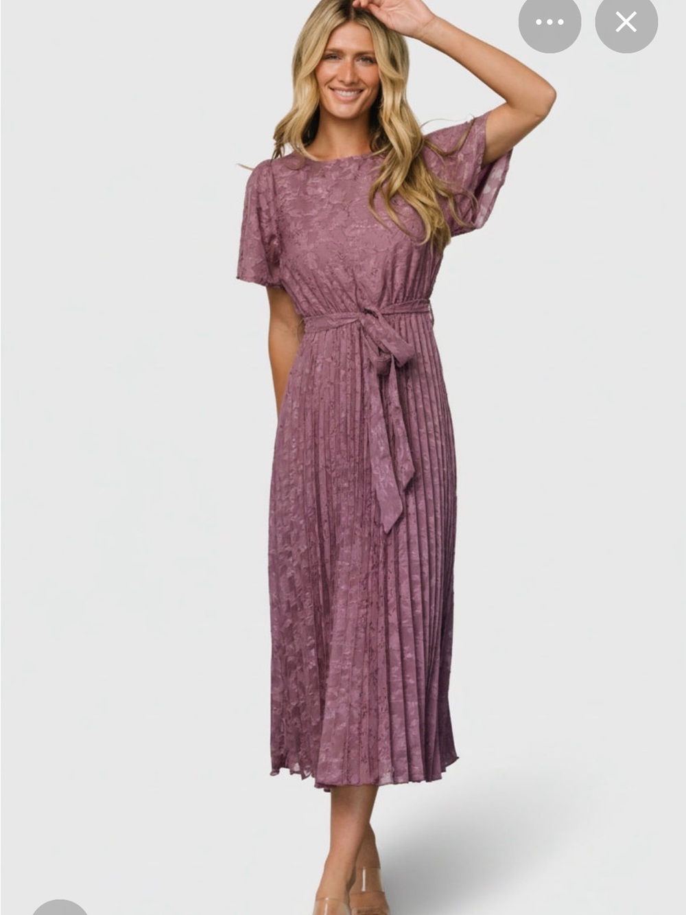 Baltic Born Mauve Lace Pleated Midi Dress with Waist Tie